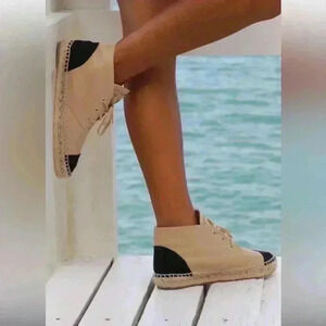 Chanel Beige/Black Lambskin Leather High Top Espadrilles Shoes.